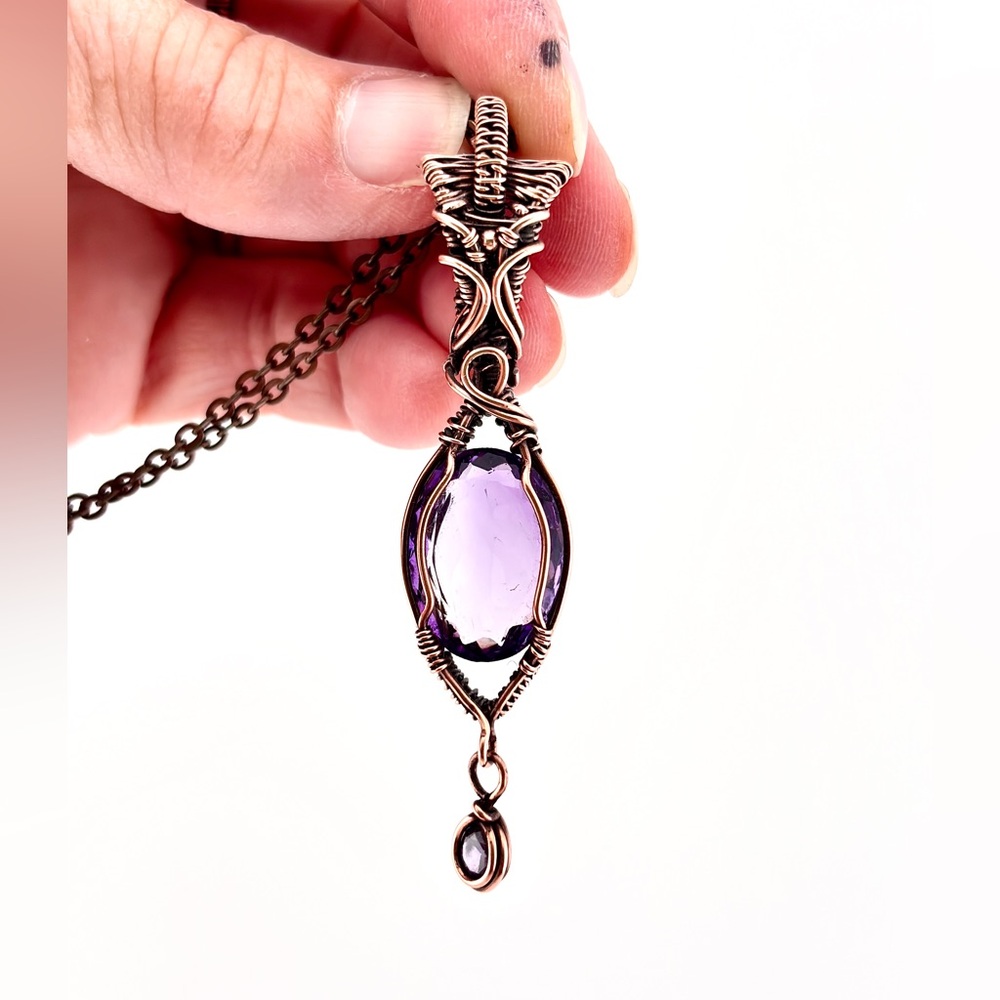 HANDMADE Artisan Amethyst Cubic Zirconia Copper Wire Wrapped Pendant Necklace